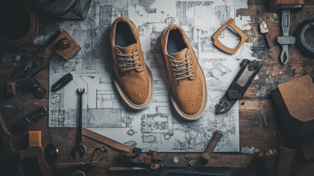 A pair of fashionable brown leather shoes rests on detailed blueprints, surrounded by various tools, showcasing a fusion of style and craftsmanship in a workshop setting.の素材
