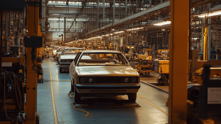 A busy automobile factory assembly line displaying vehicles in various manufacturing stages. The environment features machinery, tools, and workers engaged in production activities.の素材