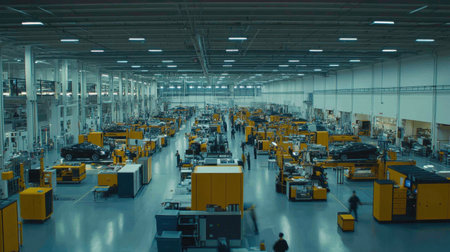 A panoramic view of a large industrial manufacturing facility showcasing workers engaged in various tasks. The setting features modern machinery, efficient assembly lines, and organized workspace.の素材