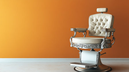 A striking vintage barber chair stands in a modern barbershop with a vibrant orange wall, creating a stylish and inviting atmosphere for grooming and relaxation.の素材