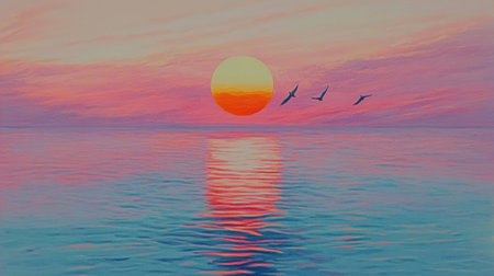 A serene sunset casts a warm glow over a calm sea, with vibrant colors reflected in the water. Three birds fly gracefully across the colorful sky, creating a tranquil and peaceful atmosphere ideal for relaxation and inspiration.の素材