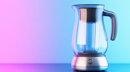 This image showcases a sleek electric kettle made of glass, illuminated with vibrant LED lights against a stylish gradient background. It exemplifies modern kitchen design with a focus on functionality and aesthetics.の素材