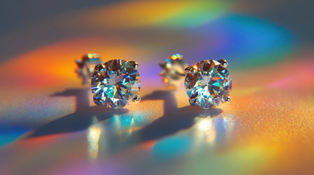 Stunning diamond stud earrings shine against a vibrant background, showcasing light reflections and artistic bokeh effects, perfect for jewelry lovers.の素材