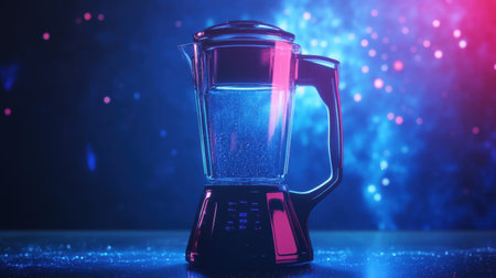 A modern blender stands out in a studio setting, illuminated by vibrant blue and red lights, showcasing water droplets and sleek design, perfect for food preparation.の素材