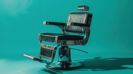 An iconic barber chair captured against a striking turquoise backdrop, ideal for projects related to hair styling, beauty, or grooming industries.の素材