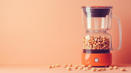 A modern kitchen blender designed with a transparent container filled with yellow kernels, showcasing a vibrant orange base against a soft peach backdrop.の素材