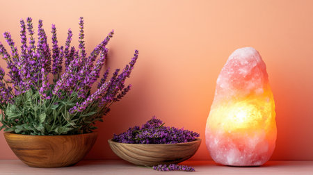 This captivating image features a beautiful arrangement of lavender flowers next to a glowing Himalayan salt lamp, evoking feelings of tranquility and wellness in a warm peach setting.の素材