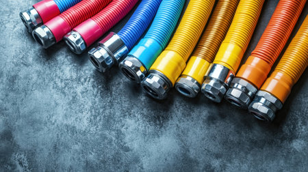 Close-up view of colorful flexible hoses with metal connectors, ideal for plumbing and construction applications, placed on a textured gray surface.の素材