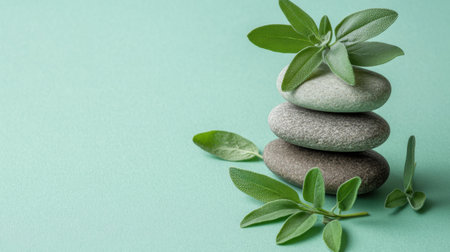 This serene image features a stack of smooth stones complemented by vibrant green leaves on a soft mint background, embodying relaxation and wellness.の素材