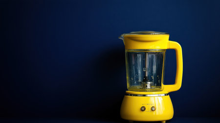 A bright yellow blender stands against a dark blue background, showcasing its modern design and glass jar, perfect for creating delicious smoothies and sauces.の素材