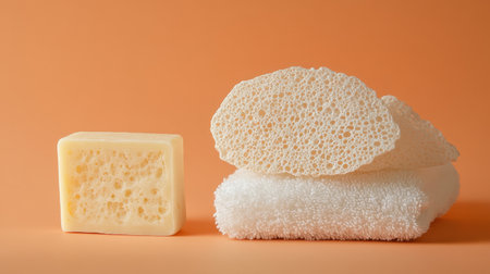 This image showcases natural bathing accessories, featuring a bar of soap, loofah sponges, and a soft towel against an orange backdrop, perfect for wellness themes.の素材