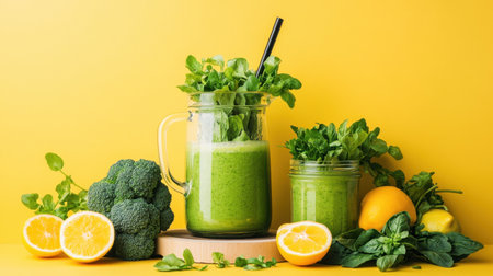This vibrant image features fresh green juice made from nutritious broccoli, spinach, and lemon, beautifully presented on a bright yellow background.の素材