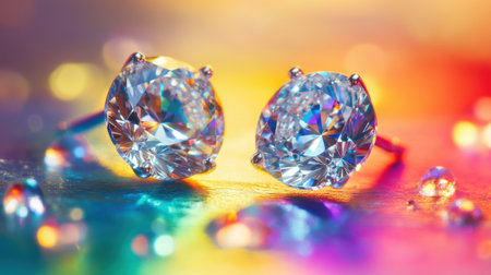 This captivating close-up image showcases brilliant cut diamonds set against a colorful, sparkling background. The vibrant hues and bokeh effect enhance the diamonds' shine and elegance, making it a perfect choice for luxury-themed projects.の素材