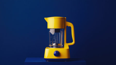 A vibrant yellow kitchen blender set against a deep navy blue backdrop, perfect for modern cooking enthusiasts looking to enhance their kitchen decor.の素材