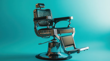 This image showcases a stylish vintage barber chair set against a soft blue backdrop. The polished metal and black leather create a luxurious aesthetic, perfect for modern salons.の素材