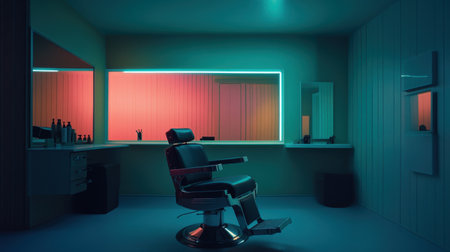 A stylish barber shop interior featuring a sleek chair under vibrant neon lights. The modern design creates an inviting atmosphere for grooming services.の素材