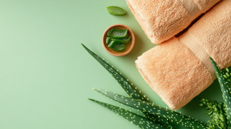 A calming flat lay featuring soft orange towels paired with aloe vera leaves, set against a serene green background, perfect for wellness and relaxation themes.の素材