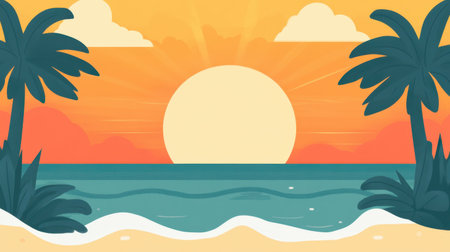 A captivating tropical sunset scene featuring vibrant colors and silhouettes of palm trees against a calm ocean. Perfect for evoking relaxation and serenity.の素材