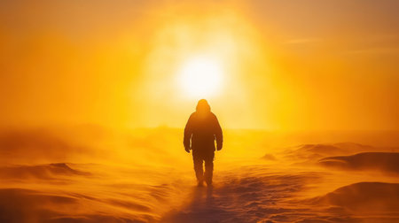 A solitary figure traverses a snowy expanse as the sun sets, casting breathtaking orange and yellow hues across the scene. The atmosphere captures both tranquility and adventure.の素材