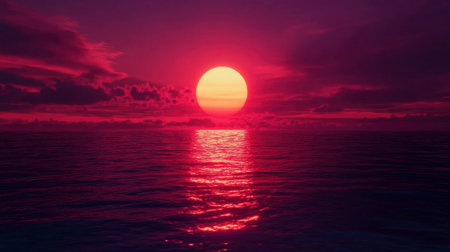 A stunning sunset casts a vibrant display of pink and purple hues across the calm ocean waters, creating a serene and picturesque scene. The glowing sun reflects beautifully on the surface, offering a tranquil atmosphere.の素材