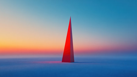 A striking red pyramid stands alone against the backdrop of a gradient sky at dawn, creating a serene and tranquil atmosphere in the landscape.の素材