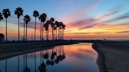 Experience a breathtaking sunset at the beach with palm trees silhouetted against a vibrant sky. The calm water reflects colorful hues. Perfect for nature lovers.の素材