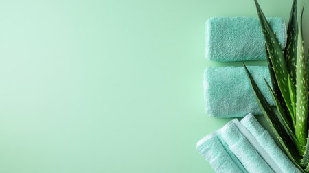 A serene composition of soft green towels and an aloe vera plant set against a mint background, ideal for wellness and spa-themed projects. Perfect for relaxation and clean aesthetics.の素材