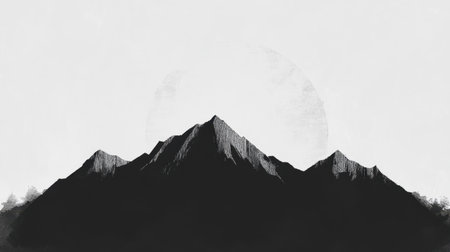 This stunning black and white landscape features majestic mountains silhouetted against an artistic sun backdrop, creating a tranquil atmosphere perfect for various design projects.の素材