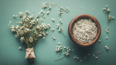 A serene composition featuring a bouquet of fresh white flowers beside a rustic wooden bowl filled with delicate blossoms on a turquoise background.の素材