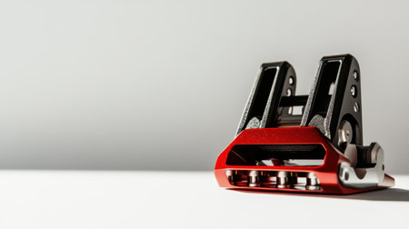 This image showcases a close-up of a modern bicycle pedal featuring a striking red and black design. The minimalist background enhances its sleek, engineered appearance.の素材