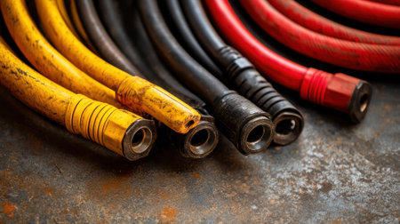 A detailed close-up of colorful rubber hoses in yellow, black, and red with metallic connectors resting on a textured surface, ideal for industrial, workshop, and DIY themes.の素材