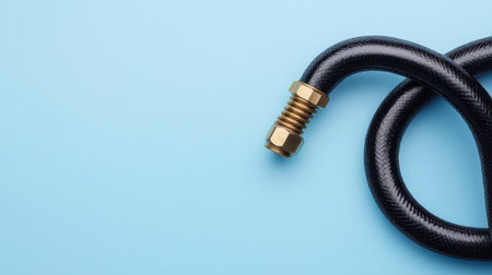 This image showcases a flexible black hose featuring a gold metal fitting, set against a soft blue background, ideal for industrial and plumbing contexts.の素材