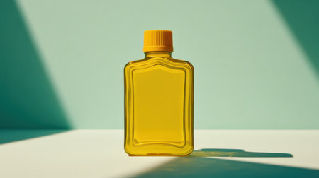 A vibrant yellow bottle with an orange lid positioned against a minimalistic background. Soft shadows create an interesting composition, emphasizing the bottle's sleek design. Perfect for food or health-related themes.の素材