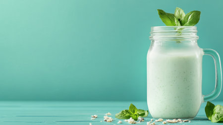 Enjoy a refreshing green smoothie served in a glass jar, garnished with mint leaves and oats, set against a vibrant turquoise background.の素材