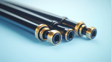 This close-up image showcases three elegant black and gold mechanical pens arranged on a soft blue background, perfect for creative and professional themes.の素材