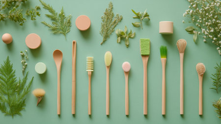 Explore a beautiful arrangement of natural kitchenware and fresh greenery on a mint background, perfect for promoting eco-friendly and sustainable cooking.の素材