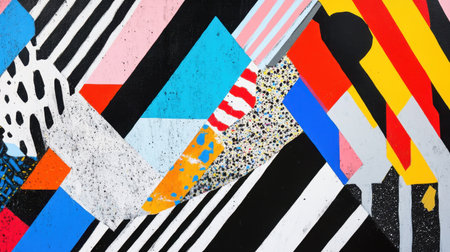 This vibrant abstract artwork features a striking blend of geometric shapes and bold colors, perfect for creative projects and modern designs.の素材