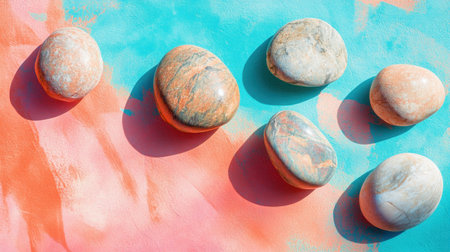 A captivating arrangement of smooth decorative stones rests on a vibrant blue and coral background, showcasing natural beauty in soft lighting.の素材