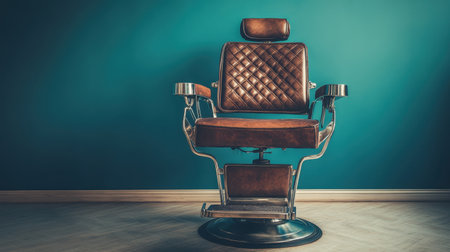 A striking vintage barber chair set against a stylish blue wall creates a perfect blend of retro and modern aesthetics in a barbershop setting.の素材