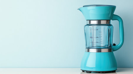 This image features a stylish aqua blue kitchen blender with a clear container, perfectly set against a light blue background, enhancing the appeal of any modern kitchen decor.の素材