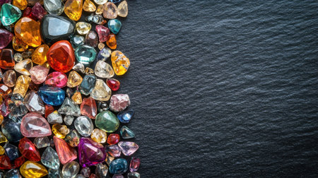 A vibrant mix of various gemstones displayed on a dark slate background. Perfect for projects related to jewelry design, crafting, and artistic inspirations.の素材