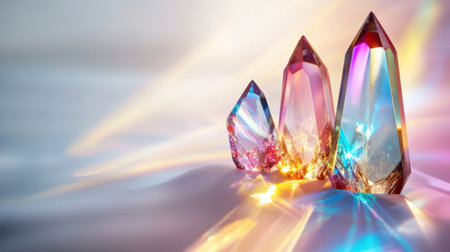 A stunning arrangement of colorful crystals is set against a soft background, creating a serene atmosphere. The light refracts beautifully, illuminating the natural beauty of each facet, perfect for design, art, or wellness themes.の素材