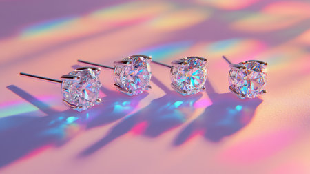 A captivating arrangement of sparkling diamond stud earrings showcases their brilliance against a pastel backdrop, enhanced by colorful reflections and light play.の素材