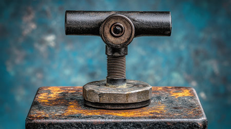 This close-up image features a vintage metal clamp set against a bright blue backdrop. The intricate textures highlight craftsmanship and industrial beauty.の素材