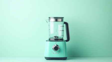This image features a vintage-style turquoise blender against a mint green backdrop, highlighting its sleek design and functionality for modern kitchens.の素材