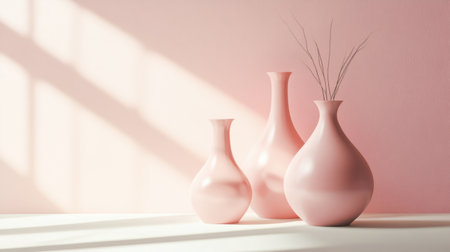 This beautiful arrangement features three elegant pink vases on a white surface, against a soft pink wall illuminated by warm light, creating a serene atmosphere.の素材