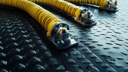Focus on vibrant yellow industrial hoses securely connected to a rugged metal surface, showcasing essential equipment for various engineering applications.の素材