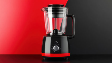 This image features a stylish modern blender with a transparent jug set against a black and red background, perfect for culinary themes and kitchen concepts.の素材