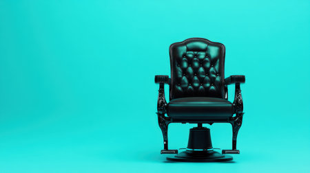 This image showcases a classic black barber chair set against a vibrant turquoise background, ideal for salon decor inspiration and modern style aesthetics.の素材