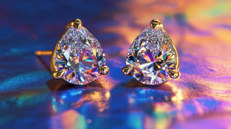 Stunning pear-shaped diamond earrings with a radiant glow, set in a luxurious gold base, showcasing brilliance against a colorful shimmering backdrop.の素材
